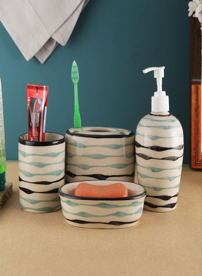 VarEesha Mugdha Off-White Hand-Painted Ceramic Bath Set of 4 Pieces | Liquid Soap Dispenser, Tumbler, Toothbrush Holder & Soap Tray | Bathroom Accessories, Bathroom Décor - Image 1
